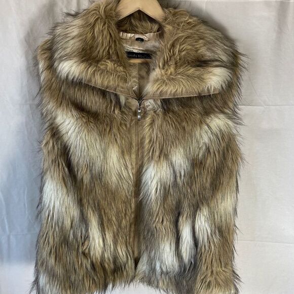 Pamela McCoy Brown/Tan/Cream Faux Fur Front Zip Side Slit Pocket Vest Sz M - Picture 1 of 8